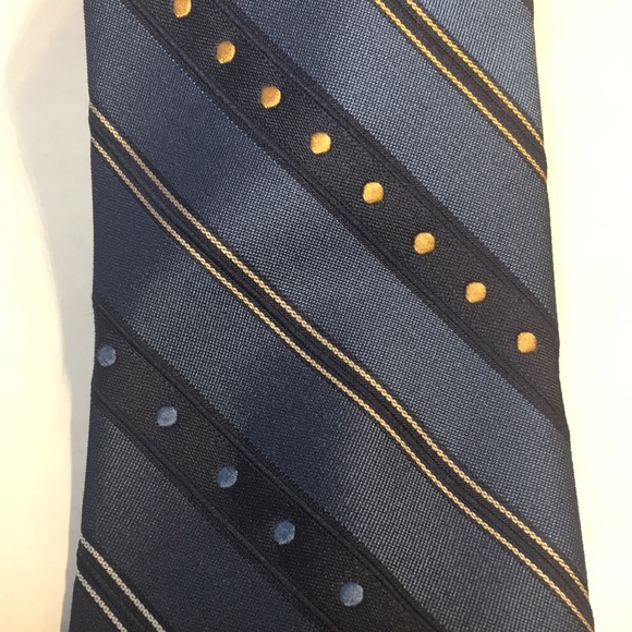 Oscar de la Renta Vintage blue polkadot diagonal striped blue white and gold tie - Picture 9 of 10